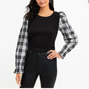 LOFT Black Knit Top - Checkered ruffled long sleeves